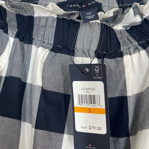 NEW Tommy Hilfiger Blouse Women's Size Small Navy Gingham Off the Shoulder Top - Picture 4 of 6